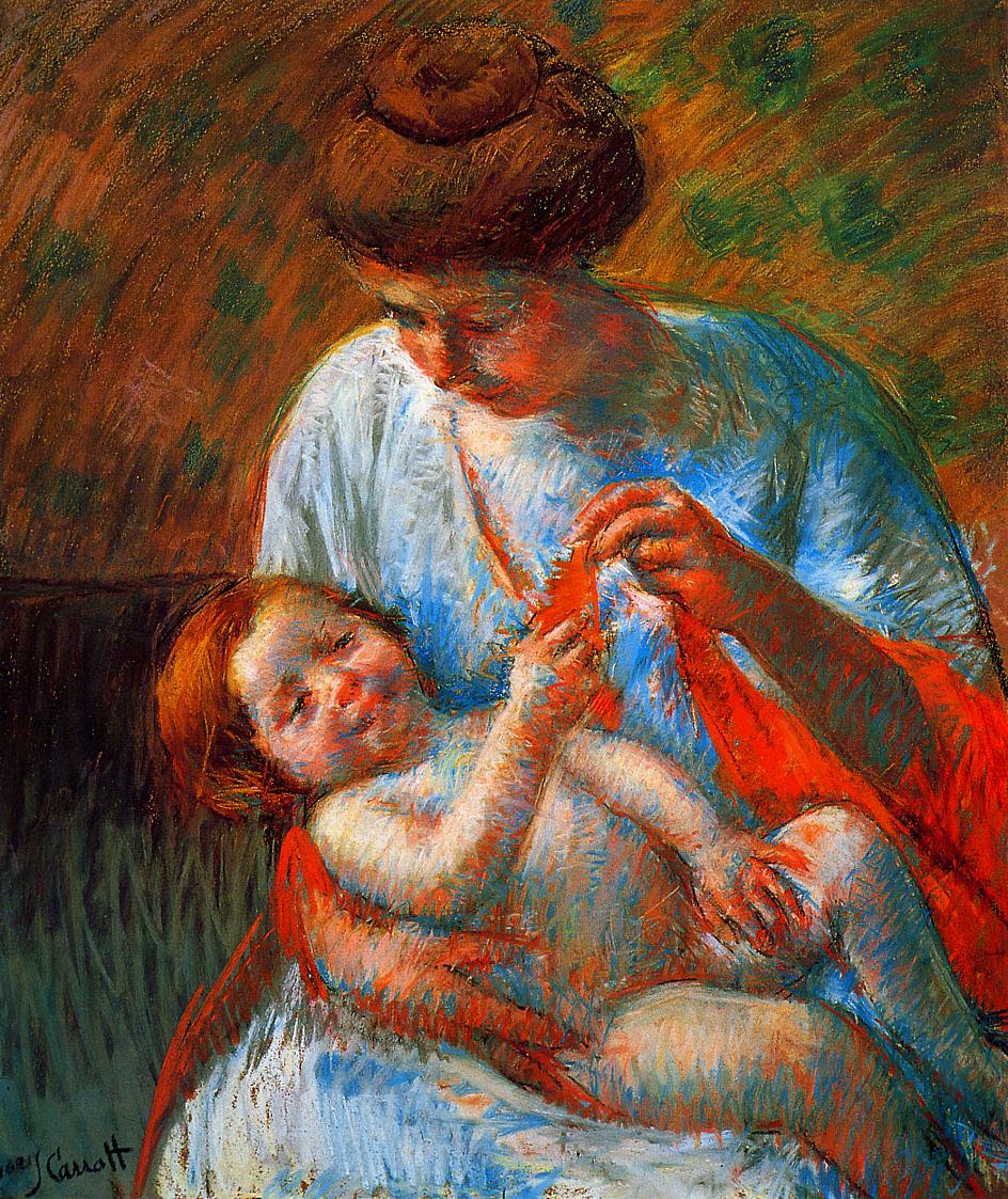 Baby Lying on His Mother s Lap, reaching to hold a scarf - Mary Cassatt Painting on Canvas